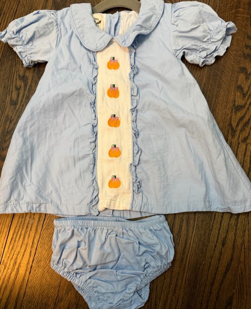 The Oaks Apparel Baby Girls Blue Pumpkin Fall Themed Dress Bloomers 18-24 Months